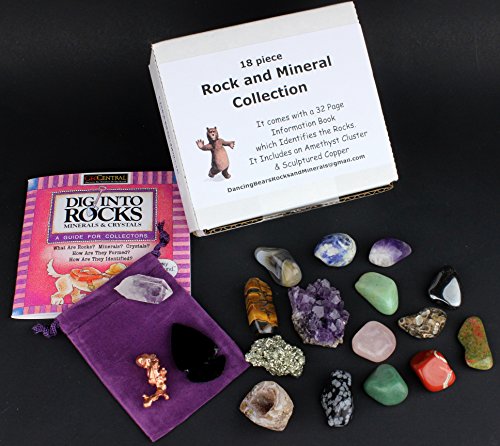 Rock and Mineral Educational Collection - 18 Pieces with 32 page Geology Book (All the stones you receive will be in the book). Box and Pouch Included!