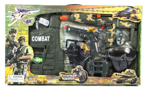 Combat Force Army Friction Toy Gun Complete Combo Set w/ Army Vest, Mask, Dog Tags, Toy Pistol, Holster, Binoculars, Whistle, & Mock Compass