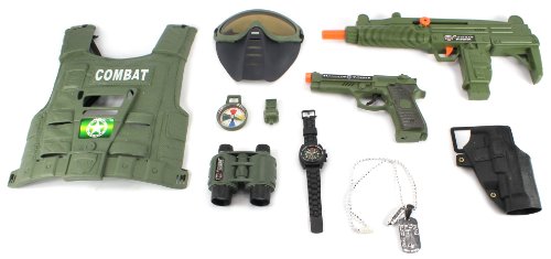 Combat Force Army Friction Toy Gun Complete Combo Set w/ Friction SMG, Army Vest, Mask, Dog Tags, Toy Pistol, Holster, Binoculars, Whistle, & Mock Compass