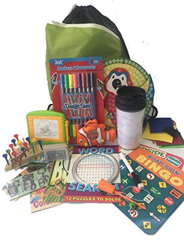 Travel Activity Bag Kit for Kids - Keep children busy on the airplane or in the car. For boys or girls age 6-12. Backpack, toys, games, crafts, travel cup and more. 20 piece bundle.