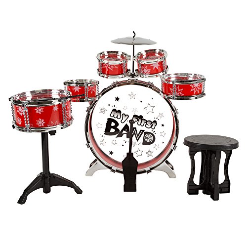 Toy Drum Set for Kids, 7 Piece Set with Bass Drum with Foot Pedal, Tom Drums, Cymbal, Stool and Drumsticks for Toddlers, Boys and Girls by Hey! Play!
