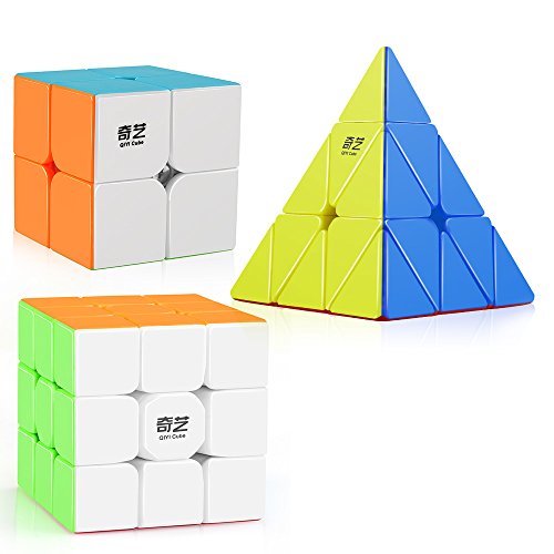 D-FantiX Qiyi Stickerless Speed Cube Set, Qidi S 2x2 Warrior W 3x3 Qiming Pyramid Magic Cube Puzzle Toys