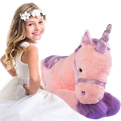 Glitzy 39” Jumbo Plush Pink Unicorn Giant Stuffed Animal Toy with Big Fluffy Purple Fur, Large