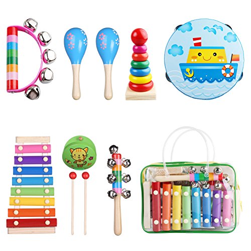 Kids Musical Instruments - Childom Musical Instruments Wood Xylophone for Kids Children, Child Wooden Music Shakers Percussion Instruments Tambourine Present with Carrying Bag
