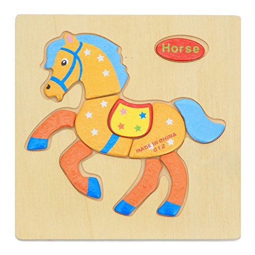 bromrefulgenc Intellectual Toy,Puzzle Jigsaw Kids Toy,Wooden 3D Puzzle Jigsaw Kids Children Cartoon Animal Intelligence Educational Toy - Horse#
