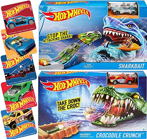 Battle Beasts Shark Attack Hot Wheels Creature Play Set Sharkbait + Bonus Car Bundled with Crocodile Crunch Stunt Kit Takedown Killer Croc!