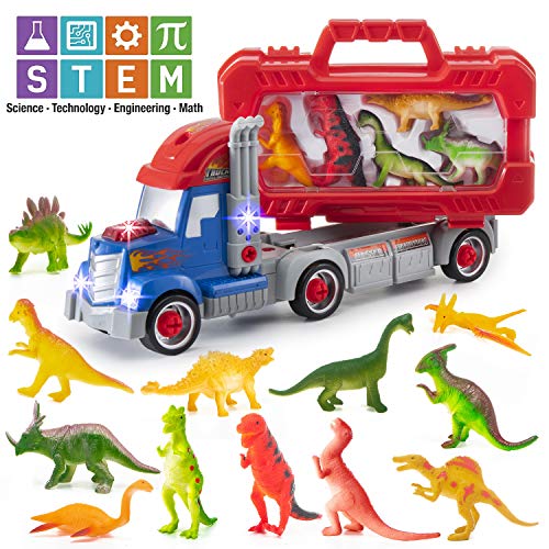 Prextex DIY and STEM Dinosaur Toys Carrier Toy Truck - 12 Realistic Looking Dinosaur with Take-Apart Detachable Carrying Case and Tools