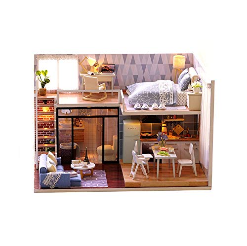 Kids Early Education Toys 3D Puzzles Handmade Miniature Dollhouse DIY Kit Light Blue Time Lavender Story Dollhouses Accessories Dolls Houses with Furniture & LED Best Birthday