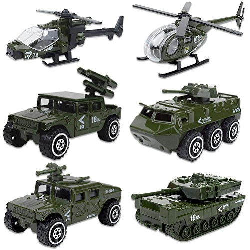 Shellvcase Die-cast Military Vehicles, Metal Army Vehicles Toys 6 in 1 Assorted Army Car Models Tank,Jeep,Anti-Air Vehicle,Helicopter Armored Car Gift Set for Kids Toddlers Boys (Army Vehicle)
