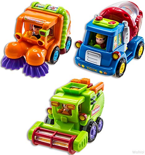 WolVol (Set of 3 Push and Go Friction Powered Car Toys for Boys - Street Sweeper Truck, Cement Mixer Truck, Harvester Toy Truck (Cars Have Automatic Functions)